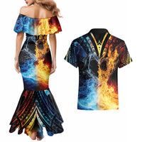 Personalised Polynesian Heart In Fire And Water Couples Matching Mermaid Dress and Hawaiian Shirt Romantic Elements