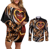 Personalised Polynesian Fiery Heart Couples Matching Off Shoulder Short Dress and Long Sleeve Button Shirt Passionate Love