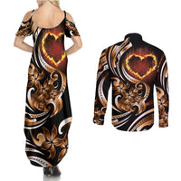 Personalised Polynesian Fiery Heart Couples Matching Summer Maxi Dress and Long Sleeve Button Shirt Passionate Love