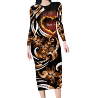 Personalised Polynesian Fiery Heart Long Sleeve Bodycon Dress Passionate Love LT01 Long Dress Black - Polynesian Pride