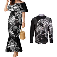 Polynesian Mermaid Plumeria Tribal Tattoo Couples Matching Mermaid Dress and Long Sleeve Button Shirt