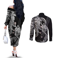 Polynesian Mermaid Plumeria Tribal Tattoo Couples Matching Off The Shoulder Long Sleeve Dress and Long Sleeve Button Shirt