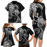 Polynesian Mermaid Plumeria Tribal Tattoo Family Matching Long Sleeve Bodycon Dress and Hawaiian Shirt