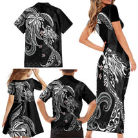 Polynesian Mermaid Plumeria Tribal Tattoo Family Matching Short Sleeve Bodycon Dress and Hawaiian Shirt