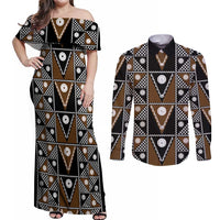 Fiji Brown Masi Pattern Couples Matching Off Shoulder Maxi Dress and Long Sleeve Button Shirt Fijian Tapa LT01 Brown - Polynesian Pride