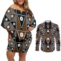 Fiji Brown Masi Pattern Couples Matching Off Shoulder Short Dress and Long Sleeve Button Shirt Fijian Tapa LT01 Brown - Polynesian Pride