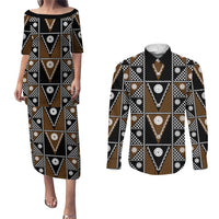 Fiji Brown Masi Pattern Couples Matching Puletasi and Long Sleeve Button Shirt Fijian Tapa LT01 Brown - Polynesian Pride
