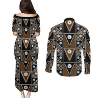 Fiji Brown Masi Pattern Couples Matching Puletasi and Long Sleeve Button Shirt Fijian Tapa LT01 - Polynesian Pride