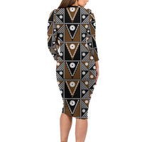 Fiji Brown Masi Pattern Long Sleeve Bodycon Dress Fijian Tapa LT01 - Polynesian Pride