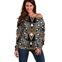 Fiji Brown Masi Pattern Off Shoulder Sweater Fijian Tapa LT01 Women Brown - Polynesian Pride