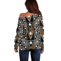 Fiji Brown Masi Pattern Off Shoulder Sweater Fijian Tapa LT01 - Polynesian Pride