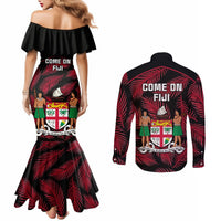 Fiji Rugby Couples Matching Mermaid Dress and Long Sleeve Button Shirts Flying Fijians Red Palm Tree Version LT01 - Polynesian Pride