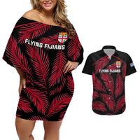 Fiji Rugby Couples Matching Off Shoulder Short Dress and Hawaiian Shirt Flying Fijians Red Palm Tree Version LT01 Black - Polynesian Pride