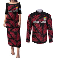 Fiji Rugby Couples Matching Puletasi Dress and Long Sleeve Button Shirts Flying Fijians Red Palm Tree Version LT01 Black - Polynesian Pride