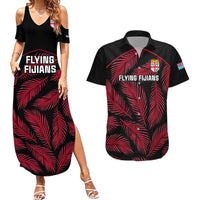 Fiji Rugby Couples Matching Summer Maxi Dress and Hawaiian Shirt Flying Fijians Red Palm Tree Version LT01 Black - Polynesian Pride