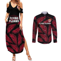 Fiji Rugby Couples Matching Summer Maxi Dress and Long Sleeve Button Shirts Flying Fijians Red Palm Tree Version LT01 Black - Polynesian Pride