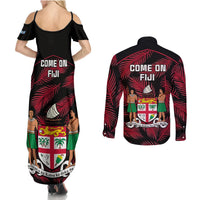 Fiji Rugby Couples Matching Summer Maxi Dress and Long Sleeve Button Shirts Flying Fijians Red Palm Tree Version LT01 - Polynesian Pride