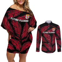 Custom Fiji Rugby Couples Matching Off Shoulder Short Dress and Long Sleeve Button Shirts Flying Fijians Red Palm Tree Version LT01 Black - Polynesian Pride