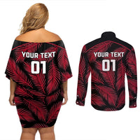 Custom Fiji Rugby Couples Matching Off Shoulder Short Dress and Long Sleeve Button Shirts Flying Fijians Red Palm Tree Version LT01 - Polynesian Pride