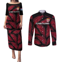 Custom Fiji Rugby Couples Matching Puletasi Dress and Long Sleeve Button Shirts Flying Fijians Red Palm Tree Version LT01 Black - Polynesian Pride