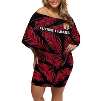 Custom Fiji Rugby Off Shoulder Short Dress Flying Fijians Red Palm Tree Version LT01 Women Black - Polynesian Pride