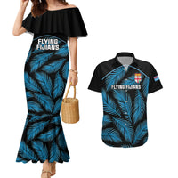 Fiji Rugby Couples Matching Mermaid Dress and Hawaiian Shirt Flying Fijians Blue Palm Tree Version LT01 Black - Polynesian Pride