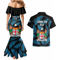 Fiji Rugby Couples Matching Mermaid Dress and Hawaiian Shirt Flying Fijians Blue Palm Tree Version LT01 - Polynesian Pride