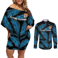 Fiji Rugby Couples Matching Off Shoulder Short Dress and Long Sleeve Button Shirts Flying Fijians Blue Palm Tree Version LT01 Black - Polynesian Pride