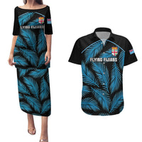 Fiji Rugby Couples Matching Puletasi Dress and Hawaiian Shirt Flying Fijians Blue Palm Tree Version LT01 Black - Polynesian Pride