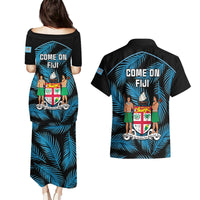 Fiji Rugby Couples Matching Puletasi Dress and Hawaiian Shirt Flying Fijians Blue Palm Tree Version LT01 - Polynesian Pride