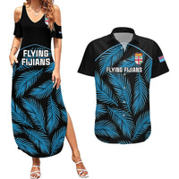 Fiji Rugby Couples Matching Summer Maxi Dress and Hawaiian Shirt Flying Fijians Blue Palm Tree Version LT01 Black - Polynesian Pride