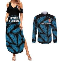 Fiji Rugby Couples Matching Summer Maxi Dress and Long Sleeve Button Shirts Flying Fijians Blue Palm Tree Version LT01 Black - Polynesian Pride