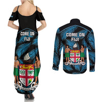 Fiji Rugby Couples Matching Summer Maxi Dress and Long Sleeve Button Shirts Flying Fijians Blue Palm Tree Version LT01 - Polynesian Pride