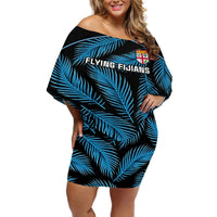 Fiji Rugby Off Shoulder Short Dress Flying Fijians Blue Palm Tree Version LT01 Women Black - Polynesian Pride