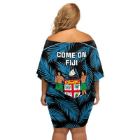 Fiji Rugby Off Shoulder Short Dress Flying Fijians Blue Palm Tree Version LT01 - Polynesian Pride