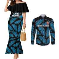 Custom Fiji Rugby Couples Matching Mermaid Dress and Long Sleeve Button Shirts Flying Fijians Blue Palm Tree Version LT01 Black - Polynesian Pride