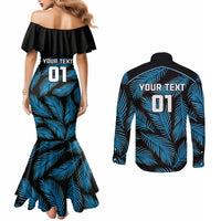 Custom Fiji Rugby Couples Matching Mermaid Dress and Long Sleeve Button Shirts Flying Fijians Blue Palm Tree Version LT01 - Polynesian Pride