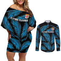 Custom Fiji Rugby Couples Matching Off Shoulder Short Dress and Long Sleeve Button Shirts Flying Fijians Blue Palm Tree Version LT01 Black - Polynesian Pride