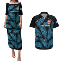 Custom Fiji Rugby Couples Matching Puletasi Dress and Hawaiian Shirt Flying Fijians Blue Palm Tree Version LT01 Black - Polynesian Pride