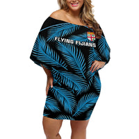 Custom Fiji Rugby Off Shoulder Short Dress Flying Fijians Blue Palm Tree Version LT01 Women Black - Polynesian Pride