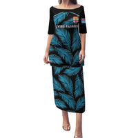 Custom Fiji Rugby Puletasi Flying Fijians Blue Palm Tree Version LT01 Long Dress Black - Polynesian Pride