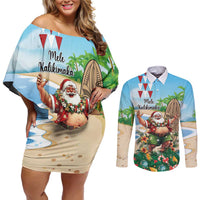 Hawaii Christmas Santa Claus Couples Matching Off Shoulder Short Dress and Long Sleeve Button Shirt Mele Kalikimaka Tropical Beach