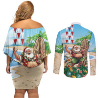 Hawaii Christmas Santa Claus Couples Matching Off Shoulder Short Dress and Long Sleeve Button Shirt Mele Kalikimaka Tropical Beach