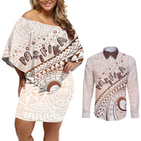 Pasifika Festival Couples Matching Off Shoulder Short Dress and Long Sleeve Button Shirt Vintage Tribal Pattern LT01 Brown - Polynesian Pride