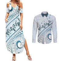 Pasifika Festival Couples Matching Summer Maxi Dress and Long Sleeve Button Shirt Tribal Pattern Blue Version LT01 Blue - Polynesian Pride