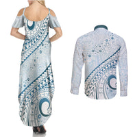 Pasifika Festival Couples Matching Summer Maxi Dress and Long Sleeve Button Shirt Tribal Pattern Blue Version LT01 - Polynesian Pride