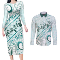 Pasifika Festival Couples Matching Long Sleeve Bodycon Dress and Long Sleeve Button Shirt Tribal Pattern Teal Version LT01 Teal - Polynesian Pride