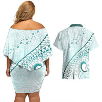 Pasifika Festival Couples Matching Off Shoulder Short Dress and Hawaiian Shirt Tribal Pattern Teal Version LT01 - Polynesian Pride