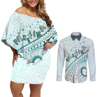 Pasifika Festival Couples Matching Off Shoulder Short Dress and Long Sleeve Button Shirt Tribal Pattern Teal Version LT01 Teal - Polynesian Pride