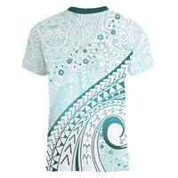 Pasifika Festival Women V Neck T Shirt Tribal Pattern Teal Version LT01